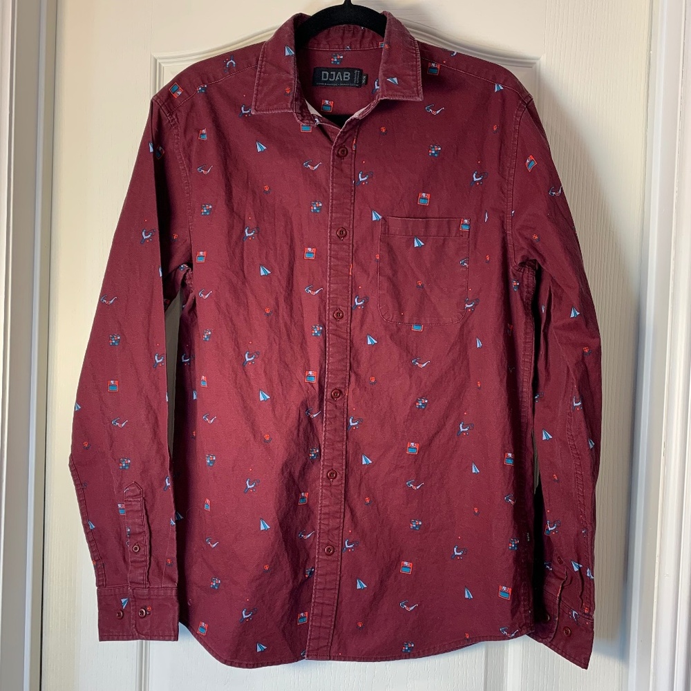 DJAB by Simons Organic Cotton Burgundy Print Shirt Size M Retro Geek Motif